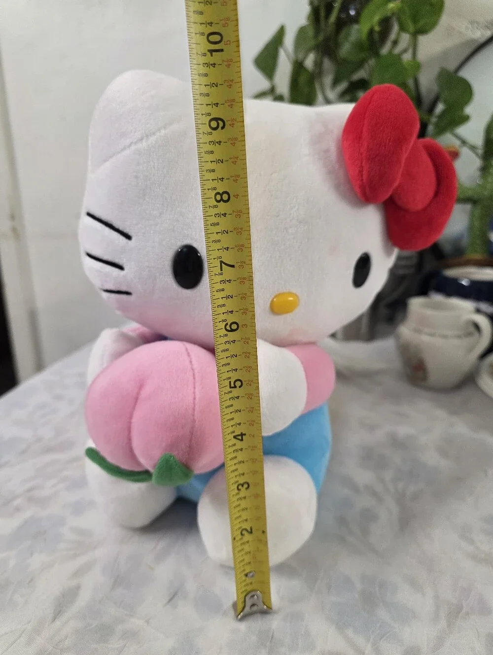 Hello Kitty White Plush with Red Bow, Pink Flower & Blue Outfit